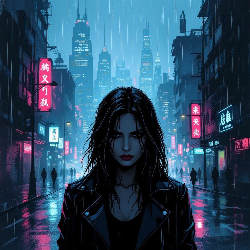 Melancholy Woman on Neon-Lit Cyberpunk Street
