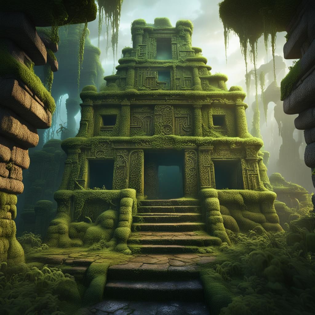 Mystical Incan Building with Glowing Characters
