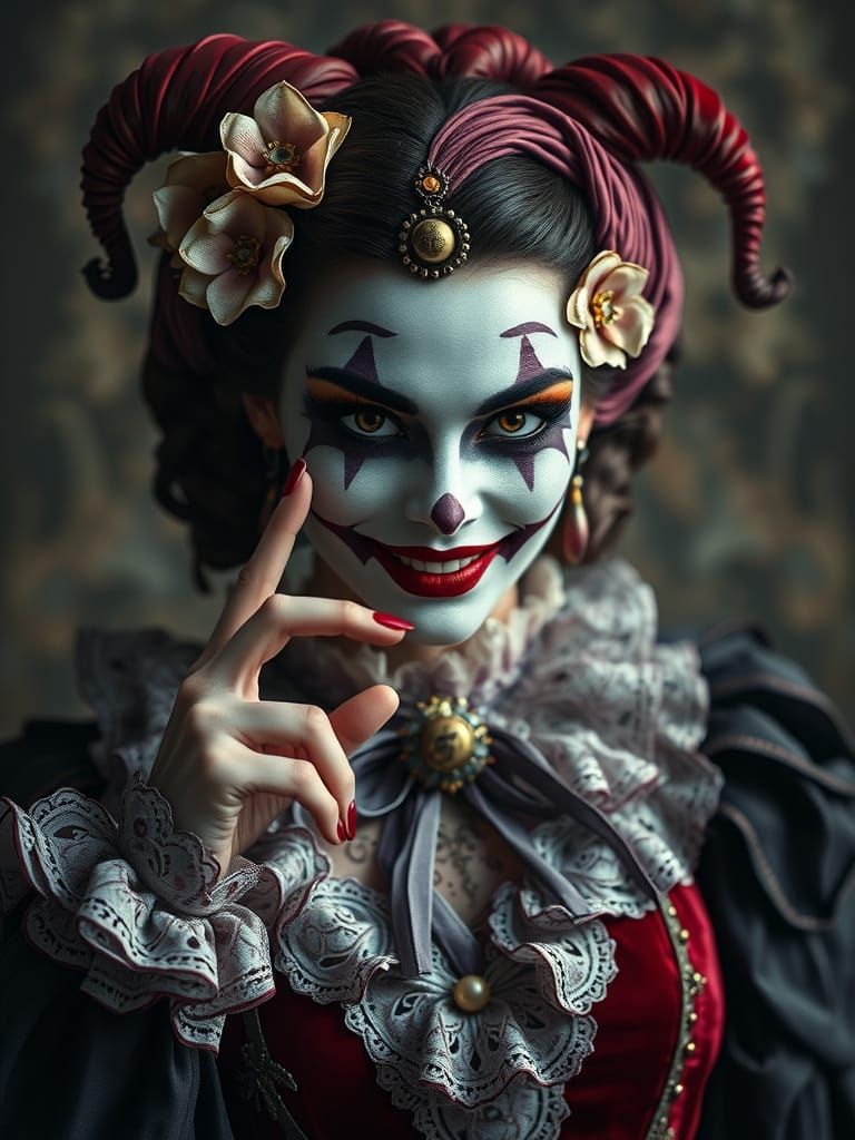Sinister Harlequin in Victorian Attire Beckons Silence