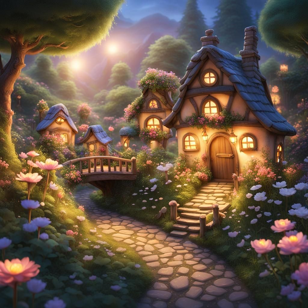 Enchanting Little Fairy Town with Bioluminescent Plants