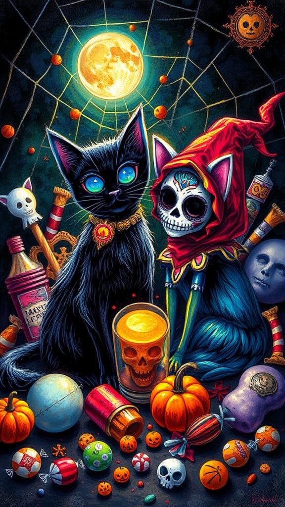 Halloween Black Cat and Santa Muerte Crayon Drawing