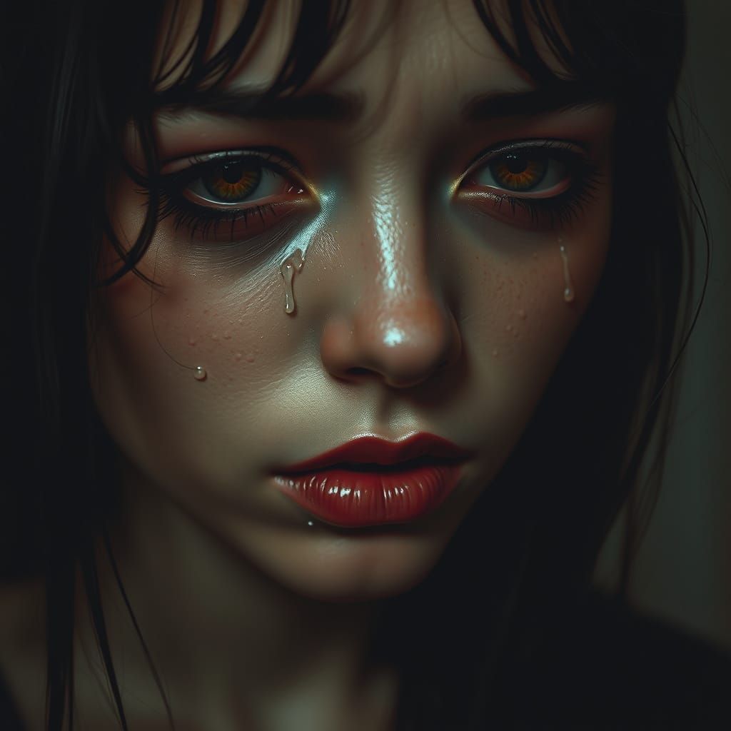 Sorrowful Woman with Tears in Dark Illustrative Style