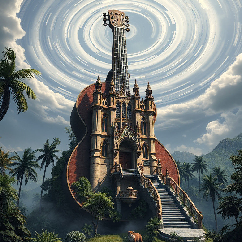 Guitar Castle in Tropical Landscape: Fantasy Concept Art
