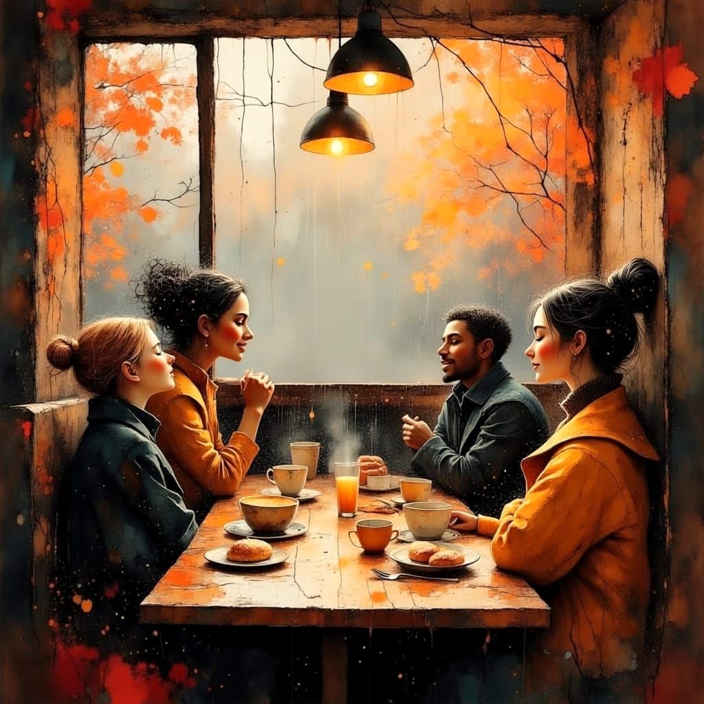 Cozy Cafe Friends on Rainy Autumn Day