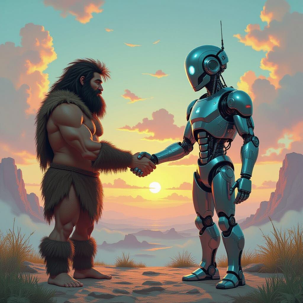 Caveman Meets Robot in Surreal Futuristic Fantasy Art