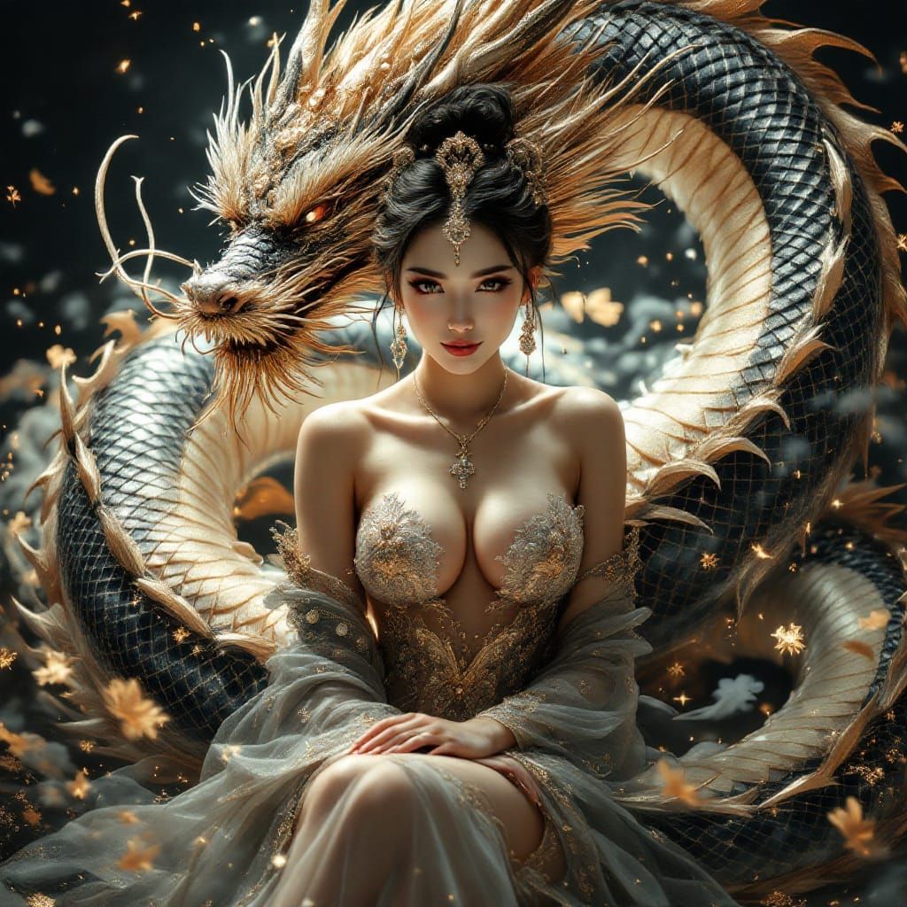 Goddess and Dragon in Steampunk Anime Style