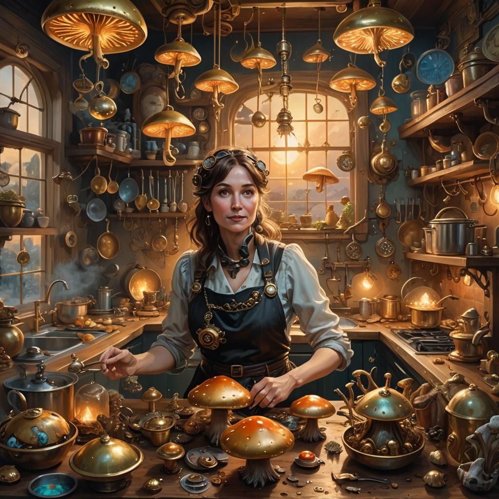 Steampunk Kitchen Scene with Magical Creatures