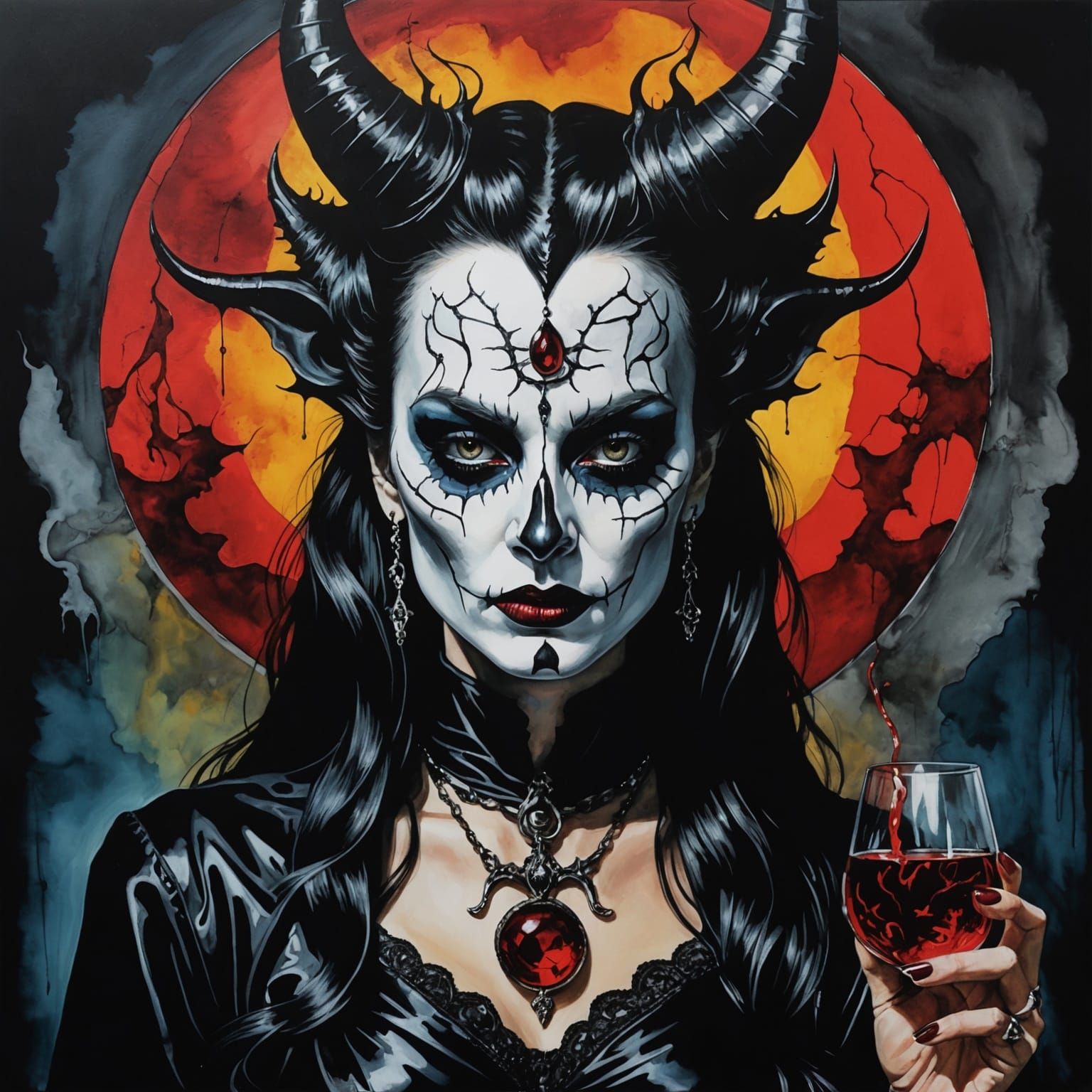 (😈💀🫦:1.3) Goth Female Devil, Alcohol Ink, Deep Saturation...