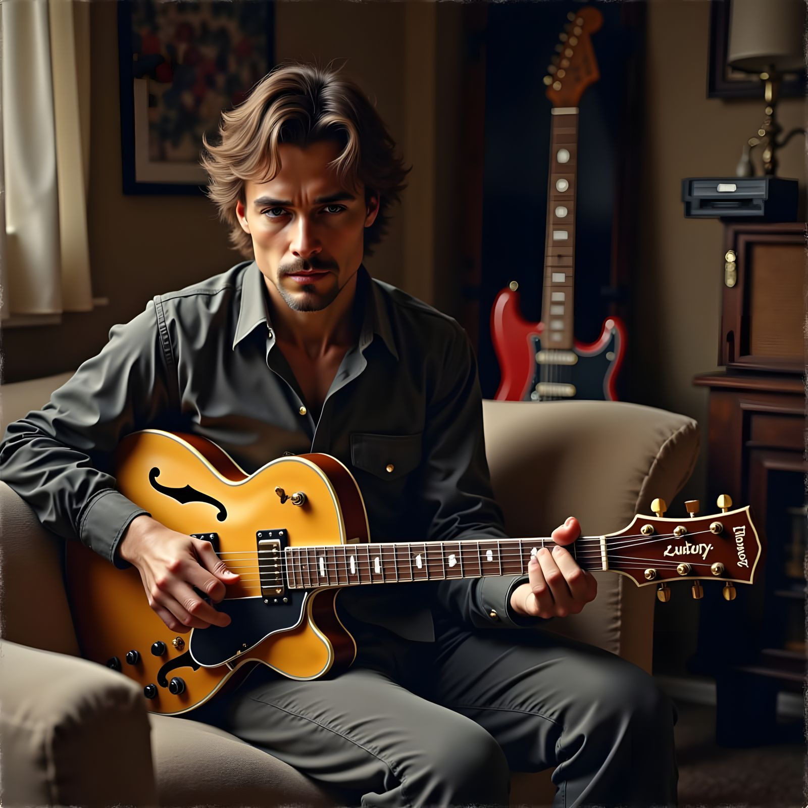 Guitarist in Vermeer Style, Intimate Realism Portrait