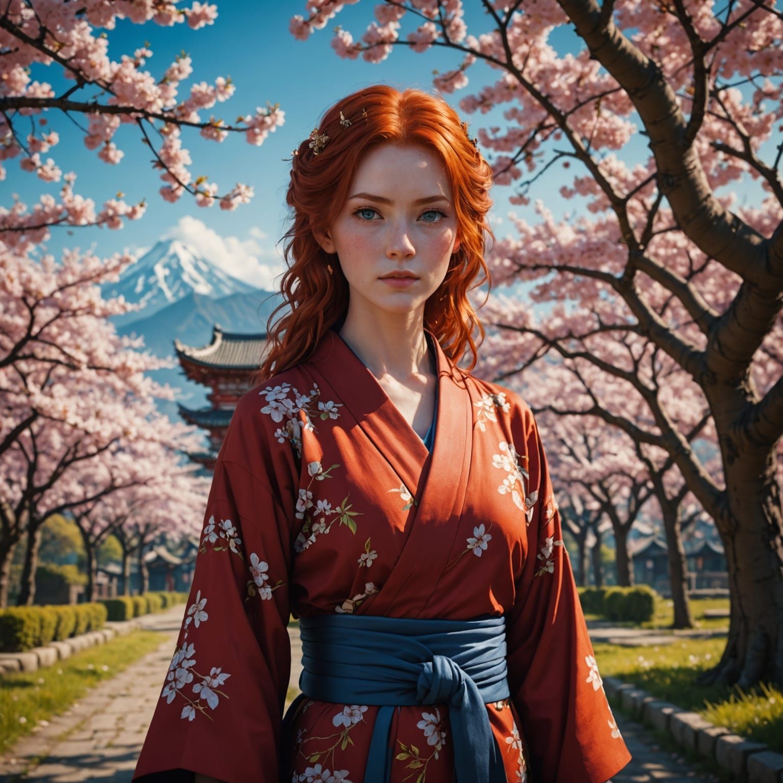 Vibrant Red Kimono in a Fantastical Cherry Blossom Landscape