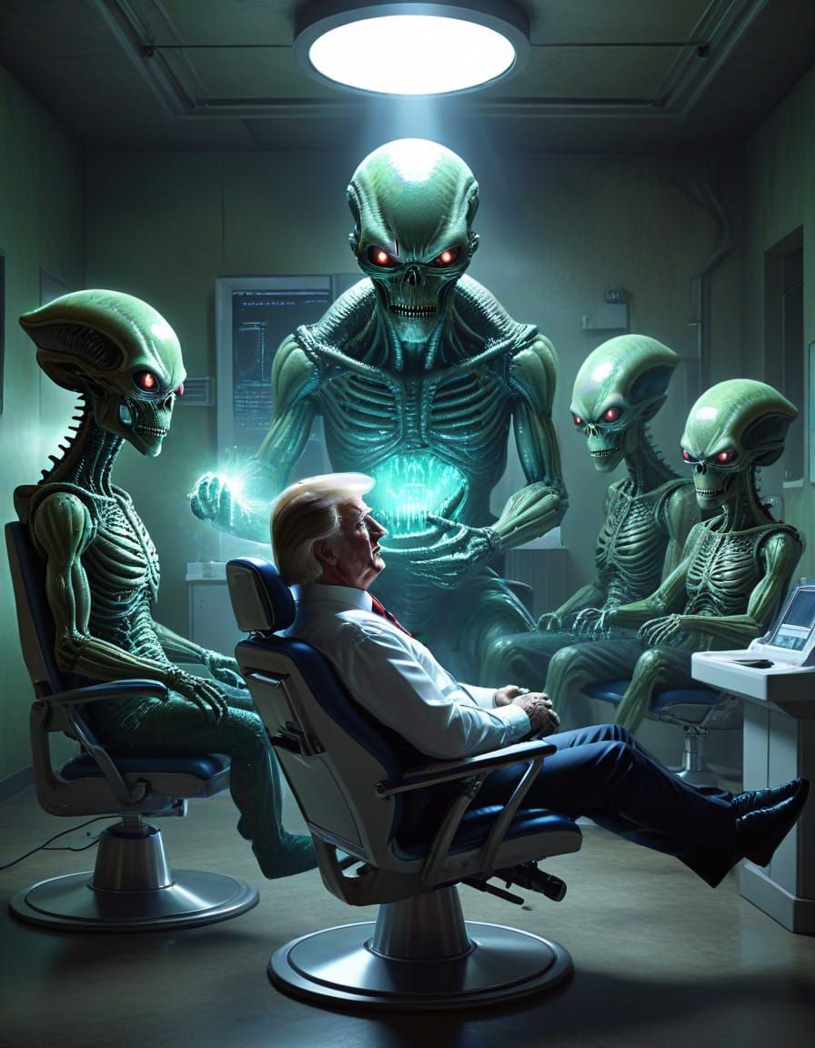 Aliens Probe Donald Trump in a Futuristic Laboratory