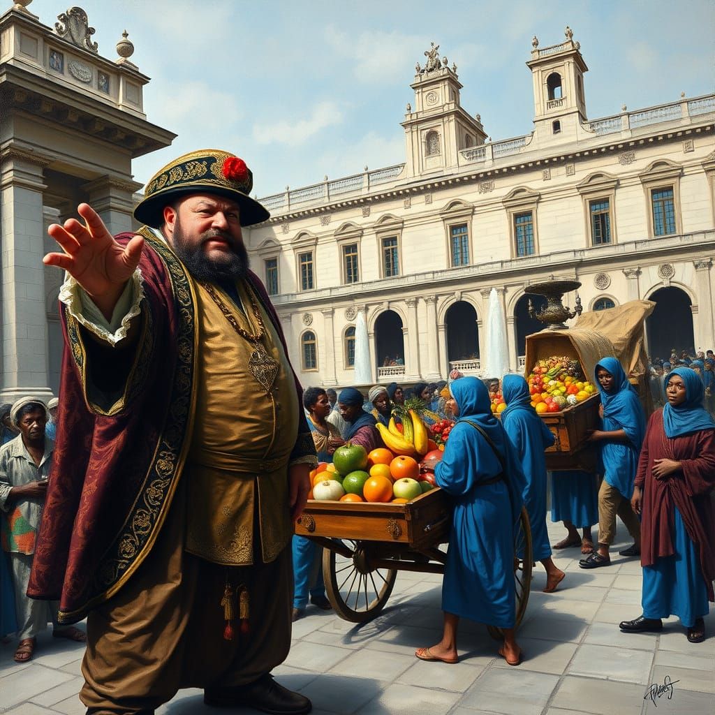 Renaissance Merchant Scowls at Beggars, Amidst African Staff...