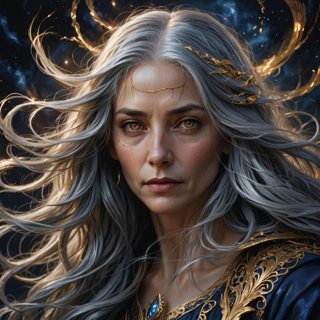 Mystical Woman Portrait with Flowing Hair, Digital Art