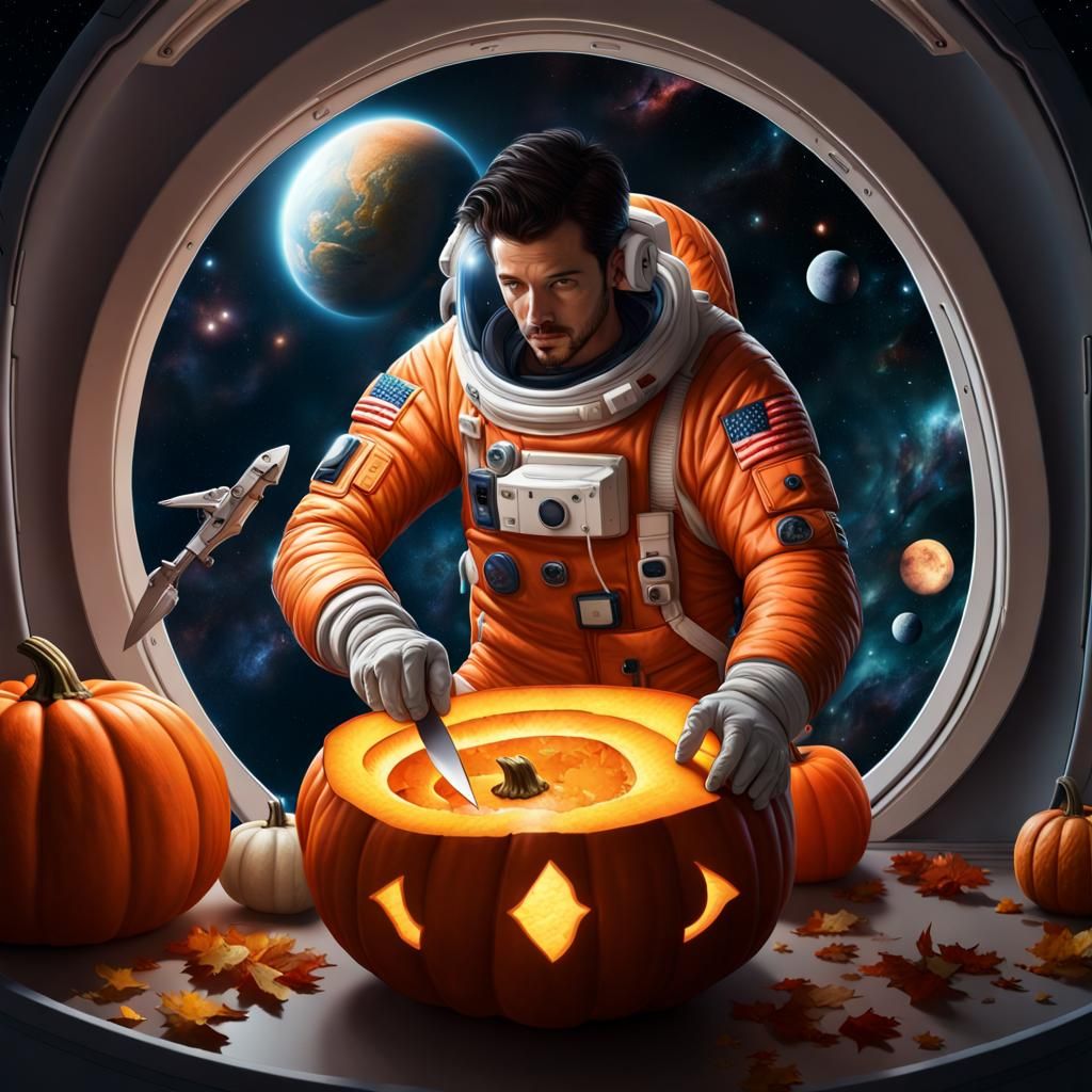 Astronaut Carving Pumpkin in Spaceship, Hyperrealistic Photo