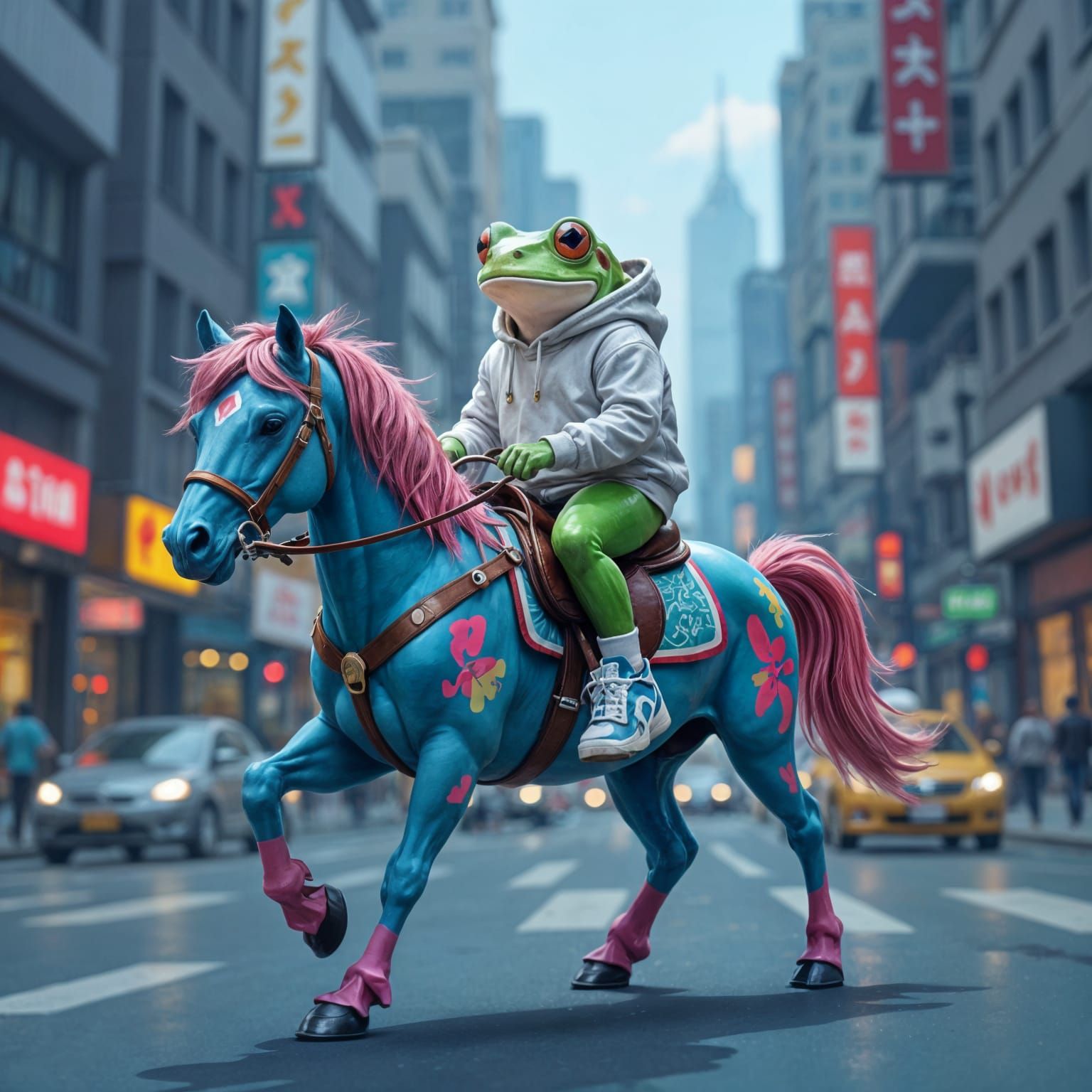 Frog Rides Horse in Digital Street Art Style