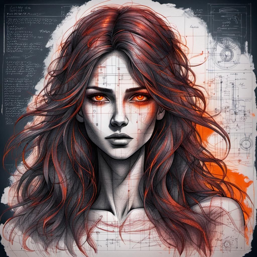 Grunge Blueprint Goddess with Intense Orange Eyes