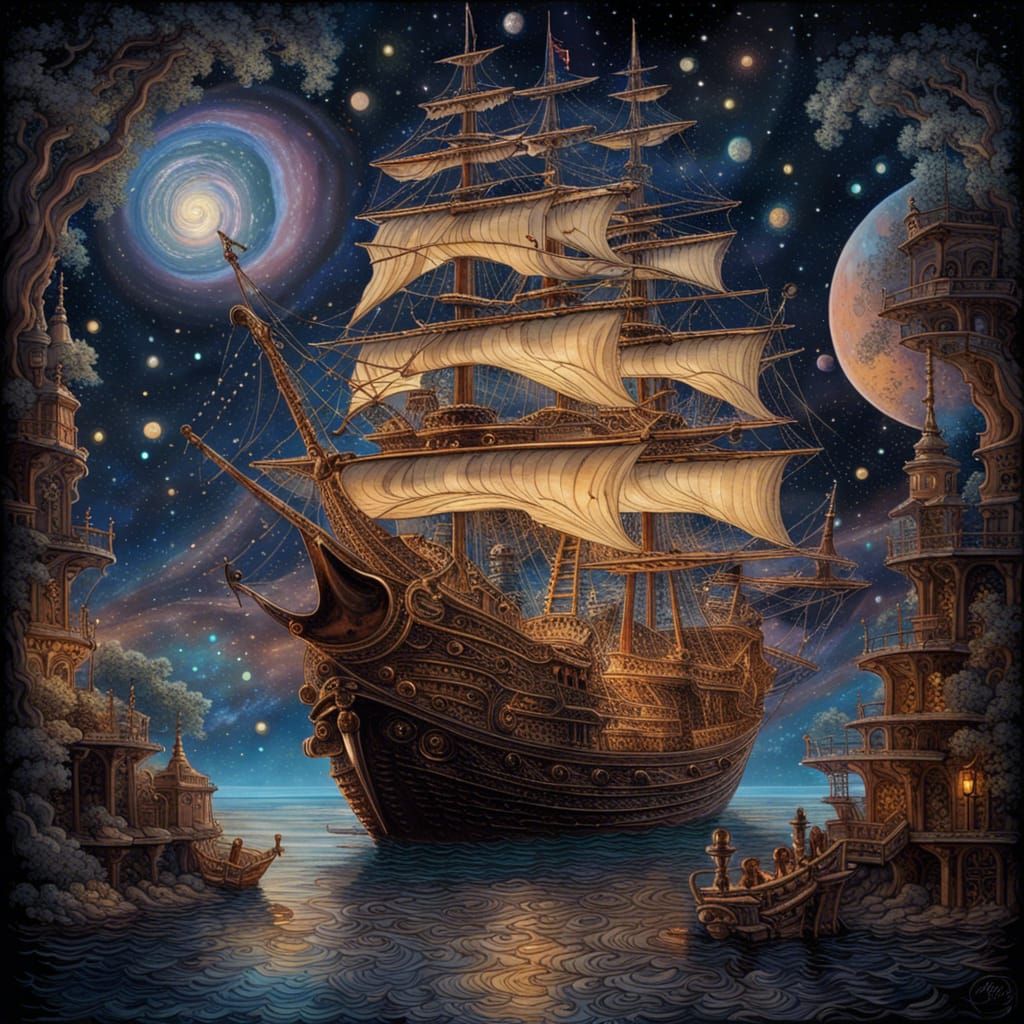 Pirate Ship Soaring Through Space: A Fantasy Scene