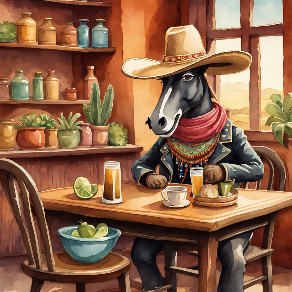 Anthropomorphic Mule at Cantina Breakfast, Watercolor Storyb...