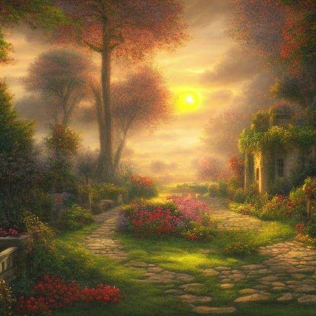 French Country Garden at Sunrise: Detailed Matte Painting