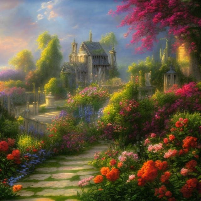 French Country Garden at Sunrise: Detailed Matte Painting