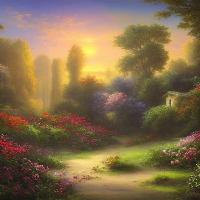 French Country Garden at Sunrise: Detailed Matte Painting