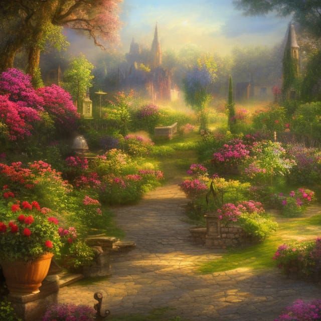 French Country Garden at Sunrise: Detailed Matte Painting