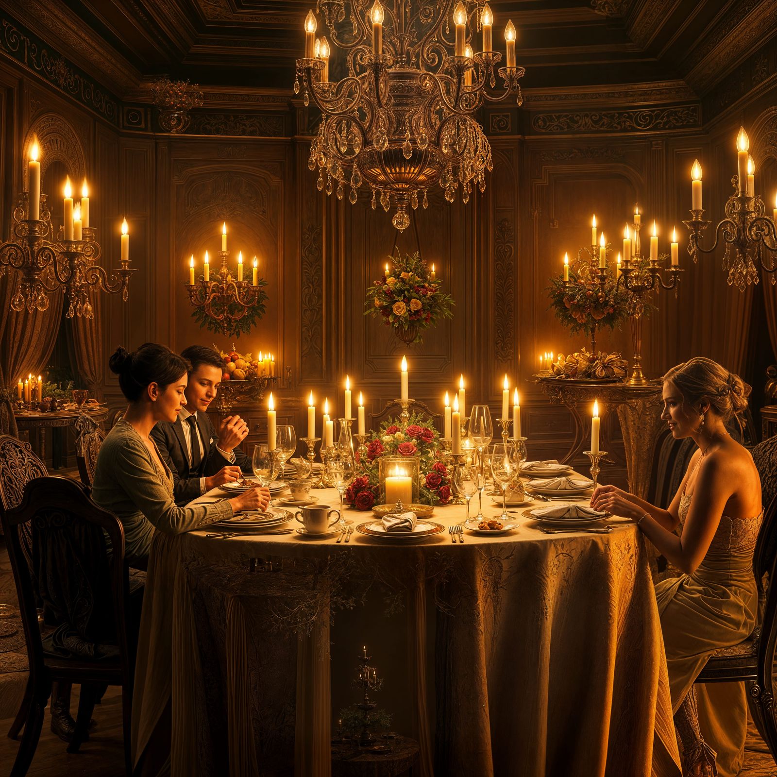 Joyful 1920s Holiday Dinner in Matte Painting Style