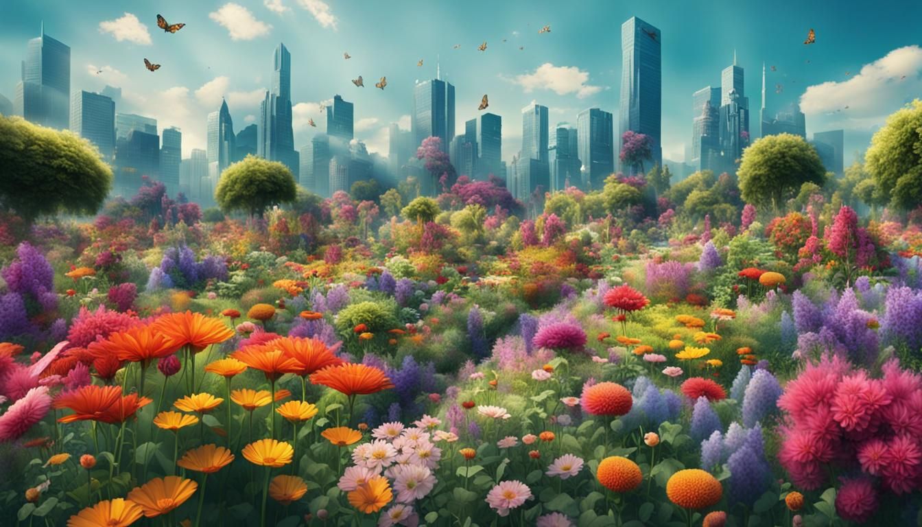 Lush Flower Garden with Animals in Cinematic Style