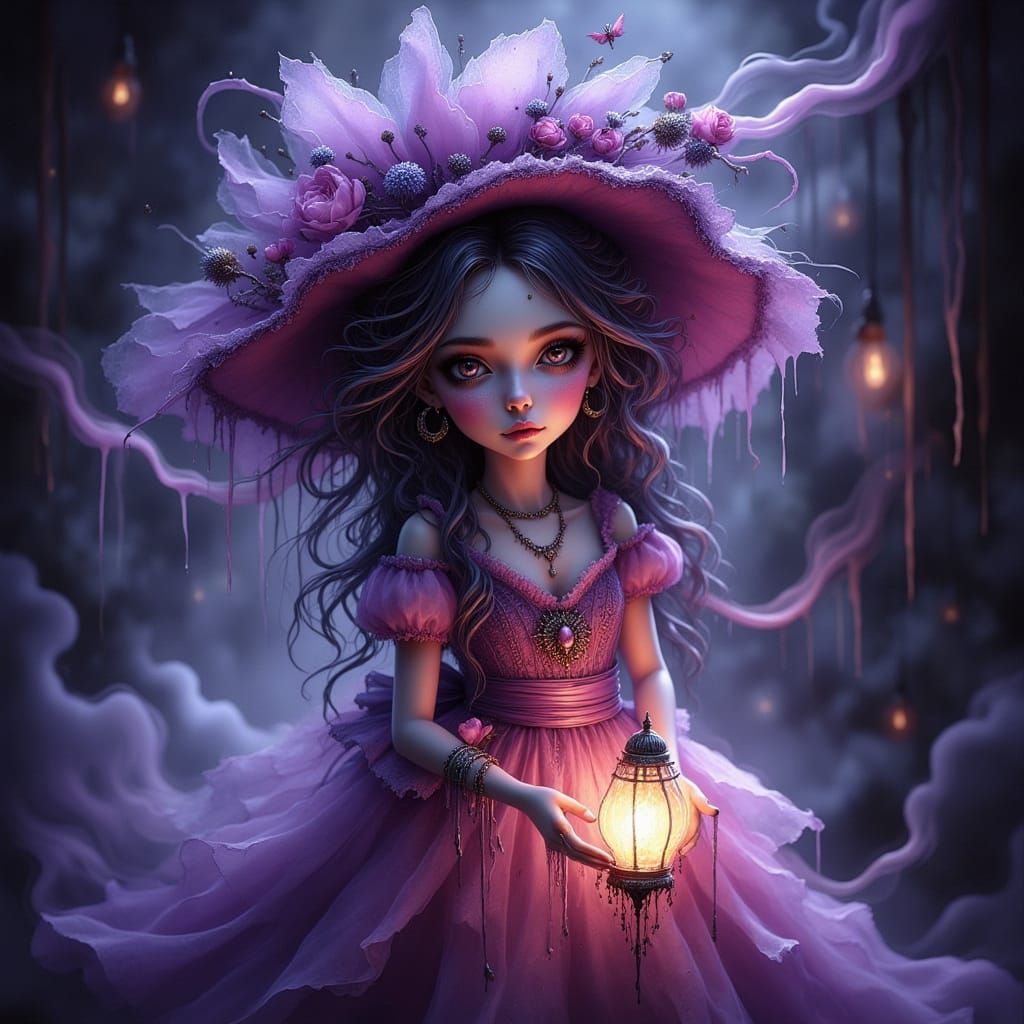 Ethereal Ghost in Lavish Gown, Surrounded by Dancing Smoke