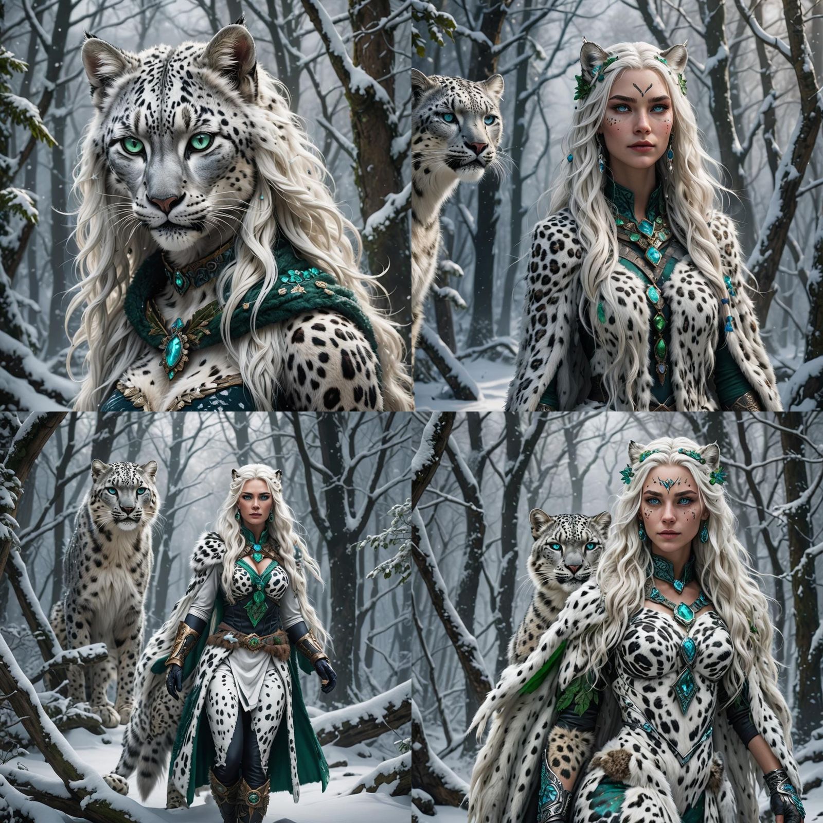 Snow Leopard Druid in Snowy Forest, Digital Art