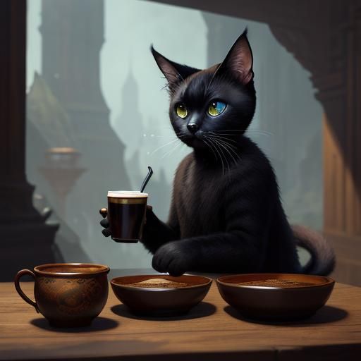 Siamese Cat Drinking Coffee: Fantasy Concept Art