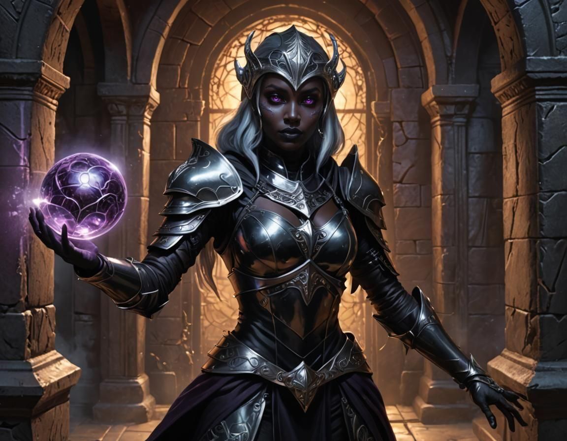Sinister Drow Female with Magic Orb in Armor