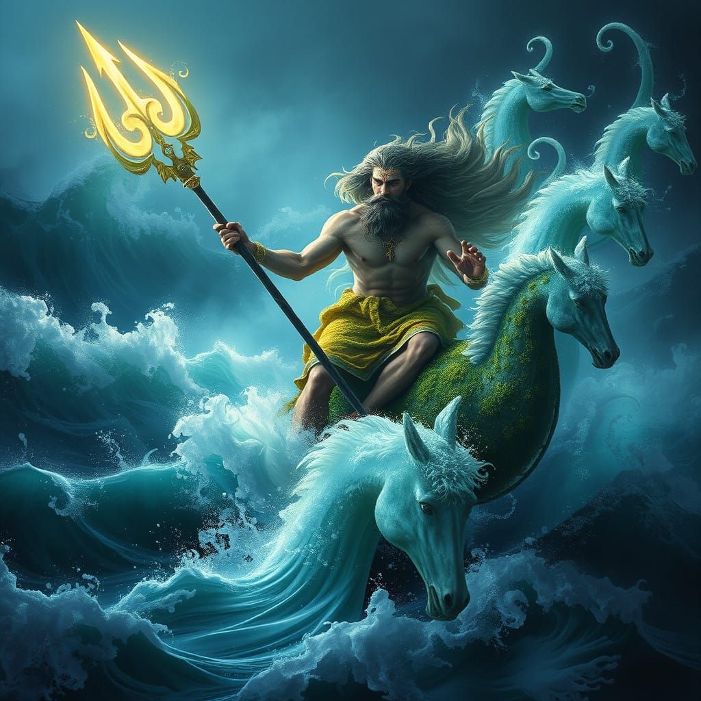 Poseidon, God of the Sea in Vibrant, Ethereal Splash Art
