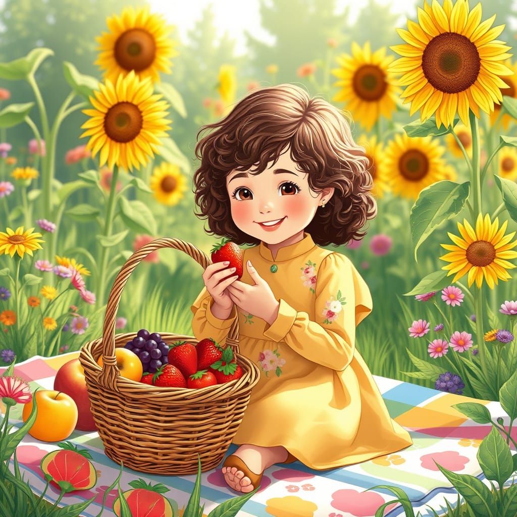 Surreal Summer Garden Scene in Whimsical Watercolor Style