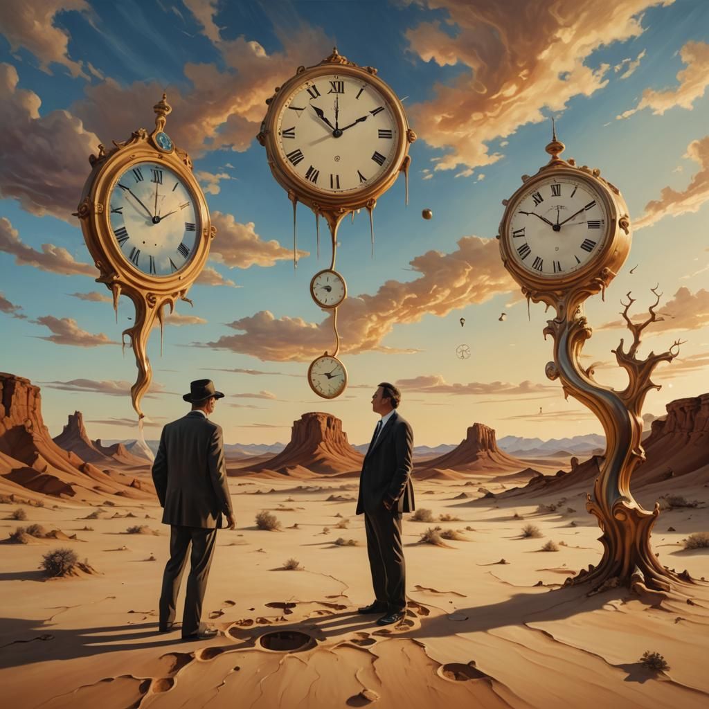 Surrealist Man in Desert with Melting Clock