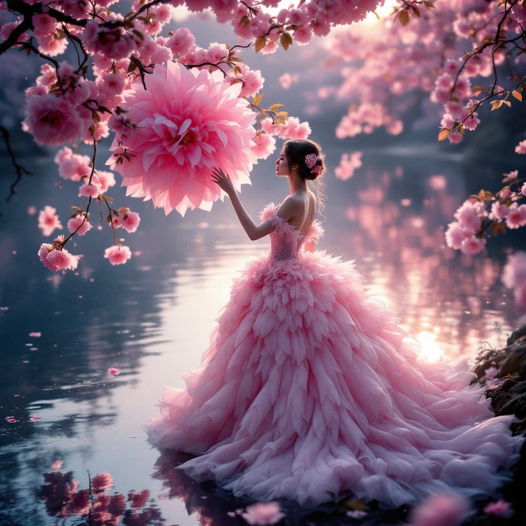 Fantasy Woman in Pink Feather Gown by Blossom Lake