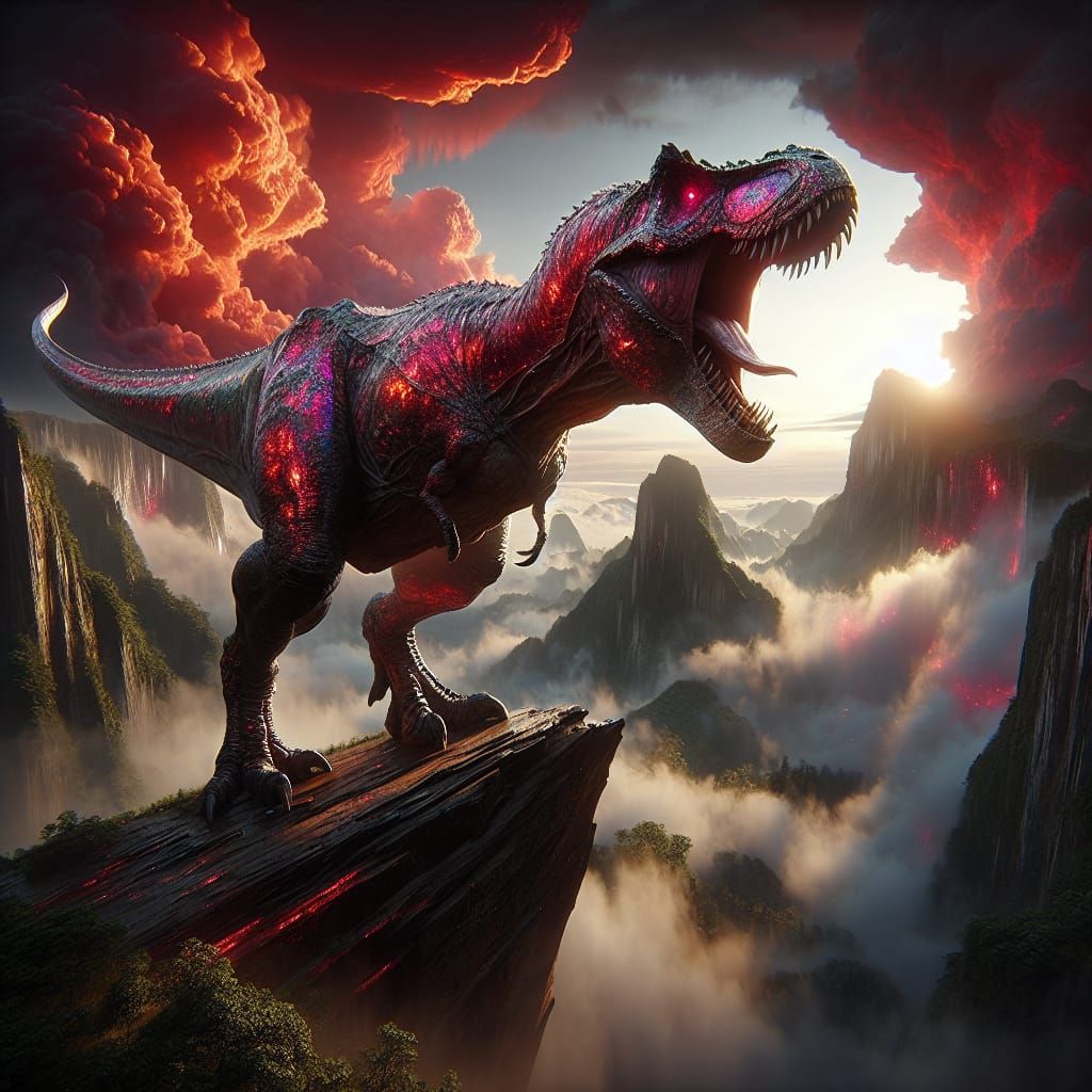 Red Opal Tyrannosaurus Rex on a Cliff, Digital Painting