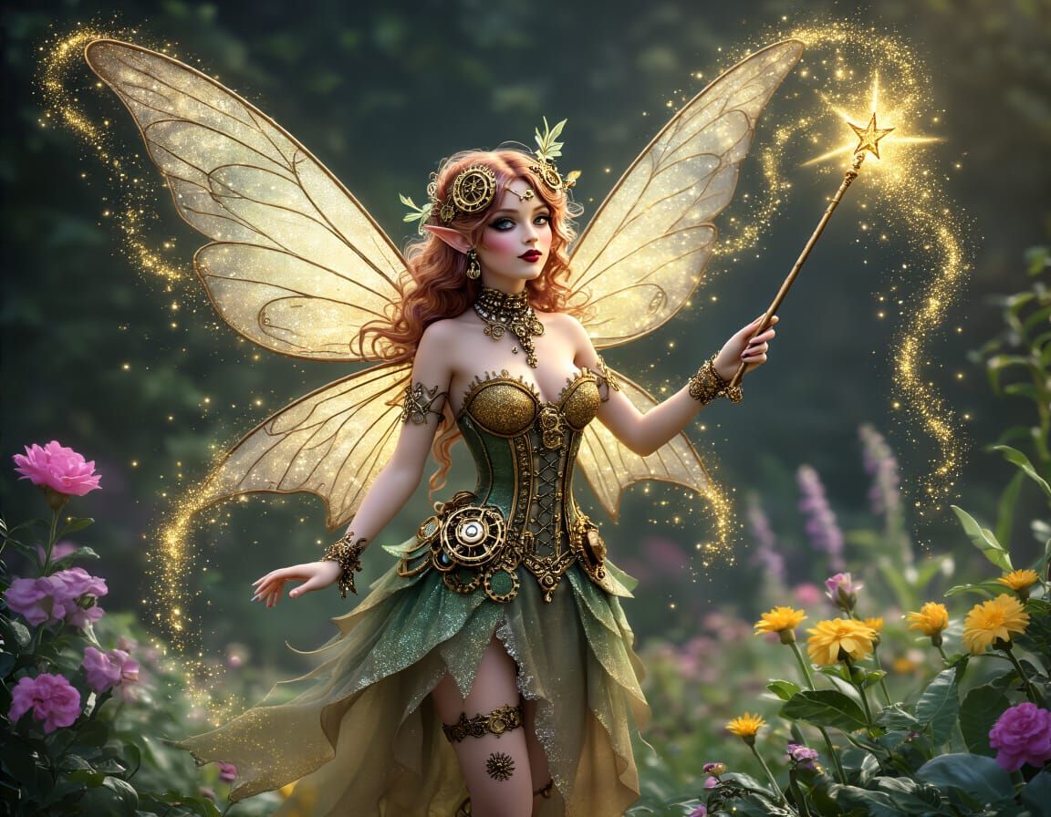 Steampunk Fairy Creates Garden with Magic Wand
