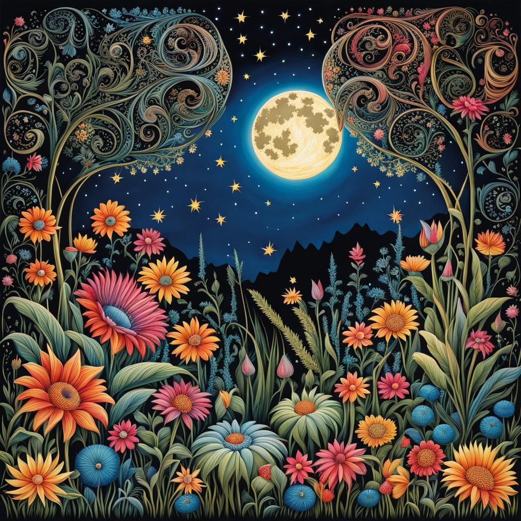 Colorful Moonlit Garden with Filigree Details