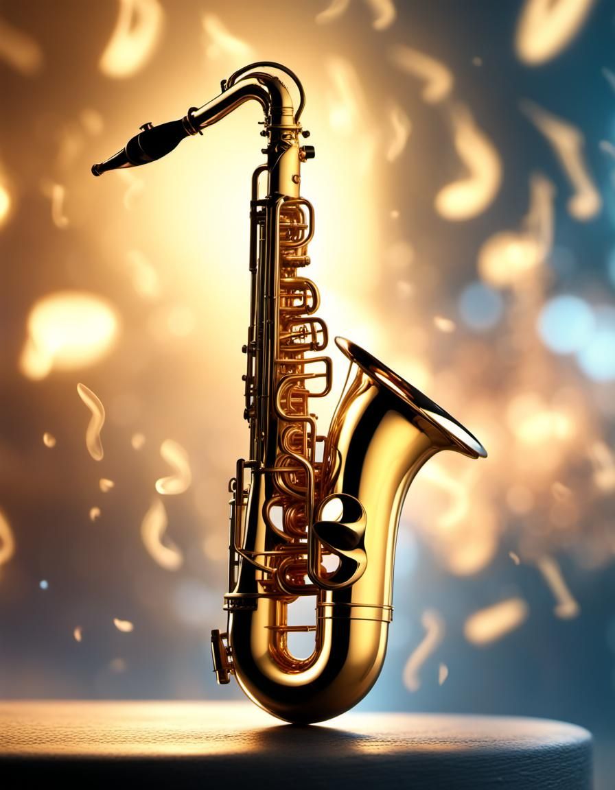 Saxophone with Swirling Musical Notes in Misty Ambiance