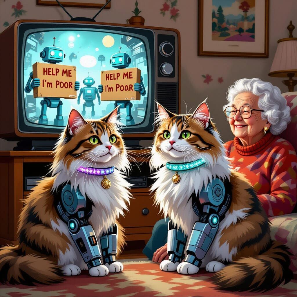Robot Cat and Lady in Retro-Futuristic Scene
