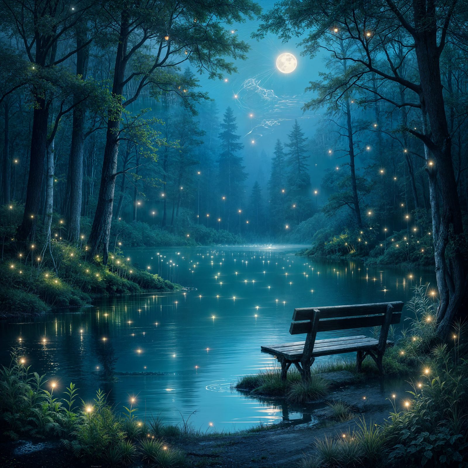 Magical Forest Lake at Night with Fireflies