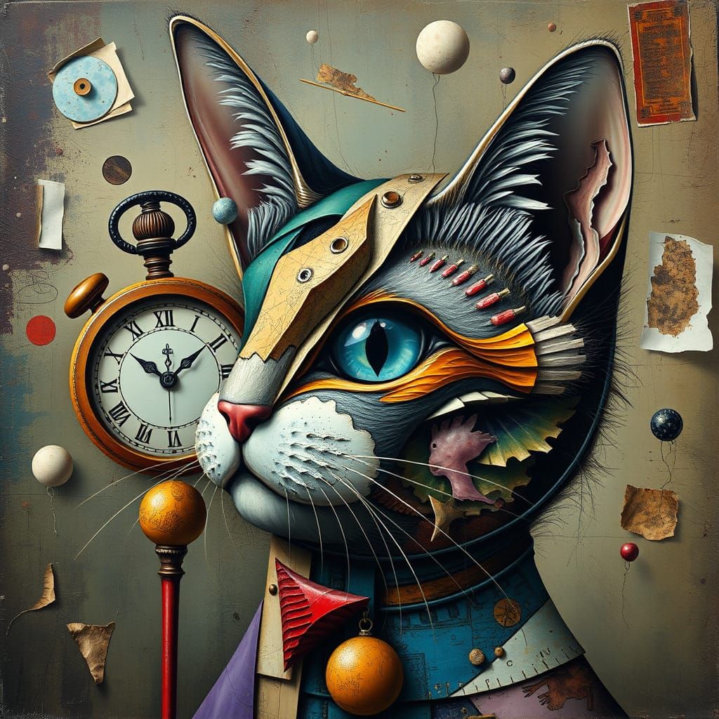 Surreal Dadaist Cat with Fragmented Objects and Clock