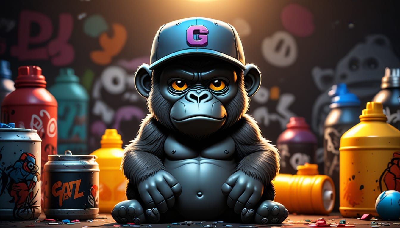 Graffiti Chibi Gorilla in Ball Cap, Masterpiece Art