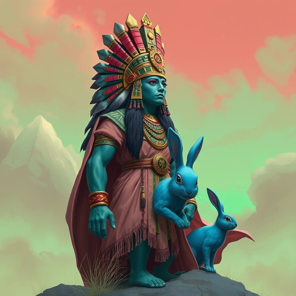 Olmec Chieftain with Blue Rabbit, Digital Painting