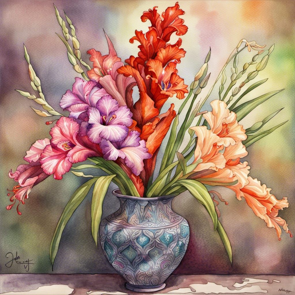 Gladiolus Arrangement: Romantic Watercolor Painting