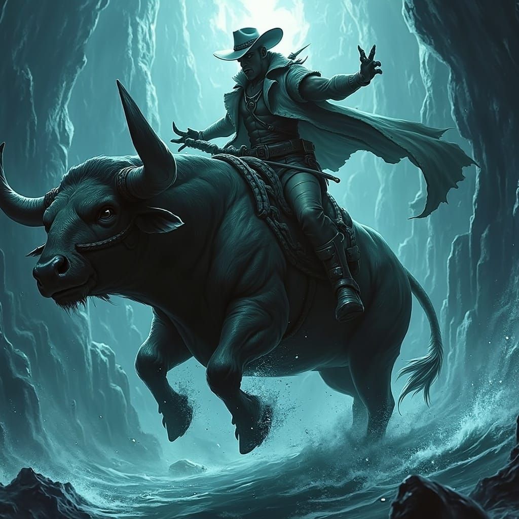 Cowboy Rides Hyper-Muscled Bull Through Mystical Cavern