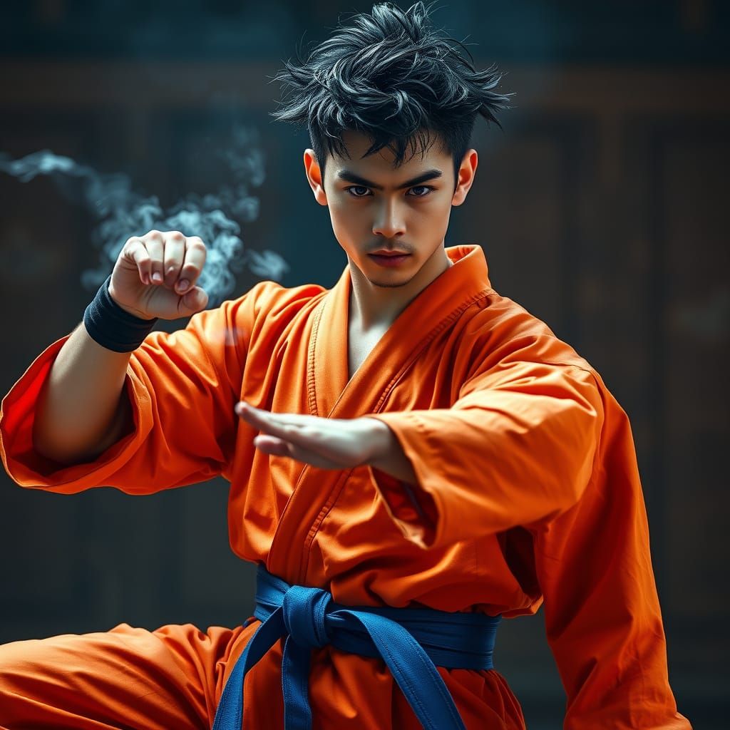Martial Arts Hero in Orange Gi with Unbridled Energy