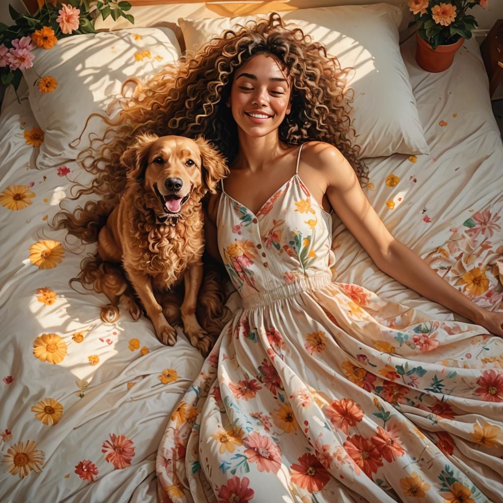 Girl Petting Dog in Dreamy, Colorful Splash Art