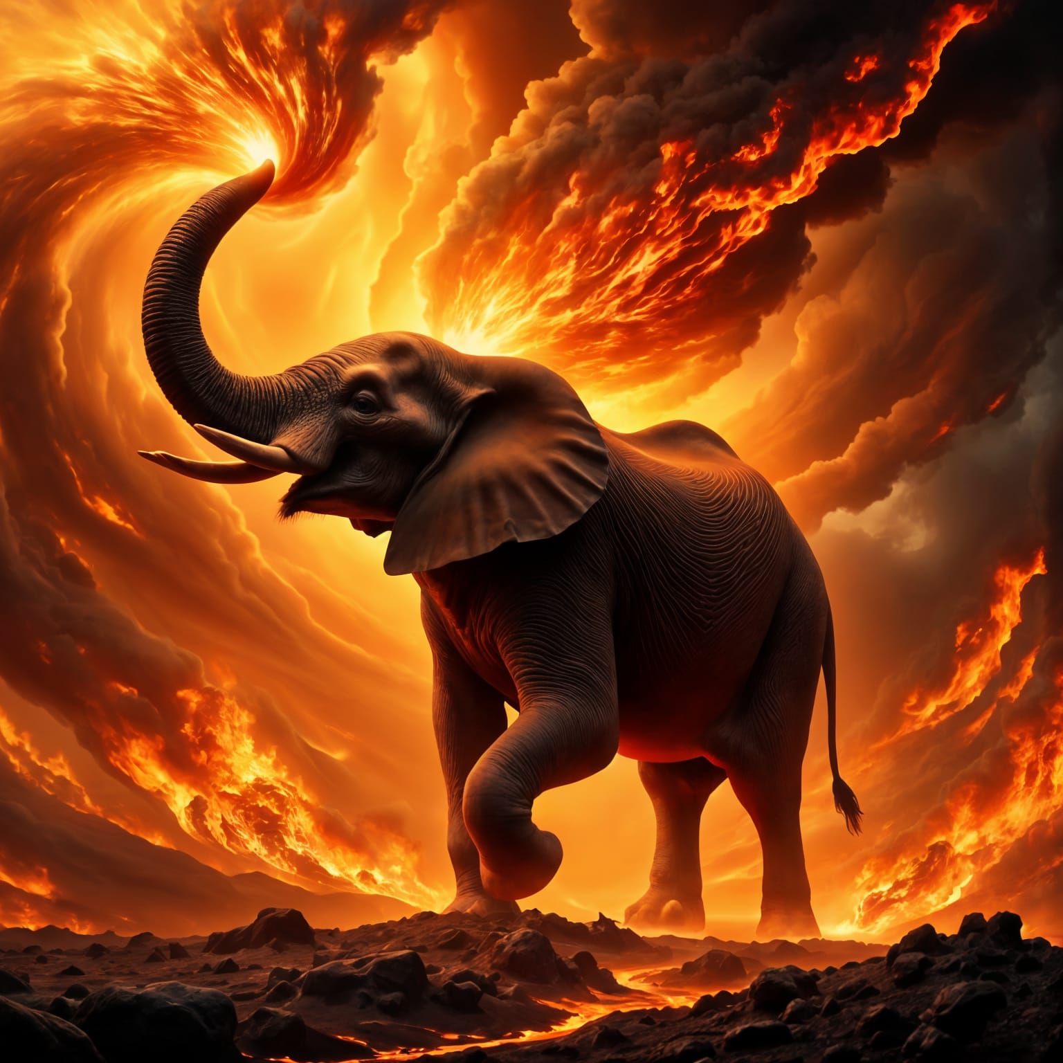 Surreal African Elephant Blazes with Molten Lava
